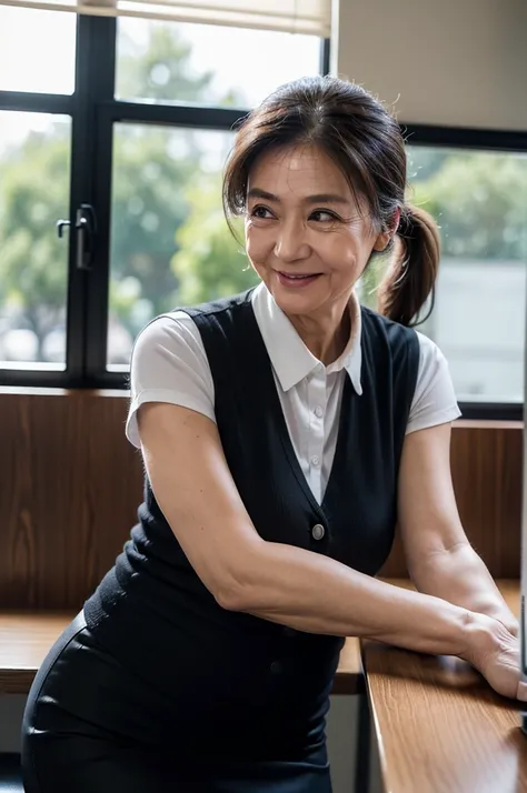 (masterpiece:1.4),(Female, 67 years old:1.5),(Facial wrinkles : 1.2), (facing away : 1.3), cheerful smile, pony tail hair, maternal, Mature Woman, upper body shoot, sitting, office worker, (smooth fabric), (polyester black vest with button), black pencil s...