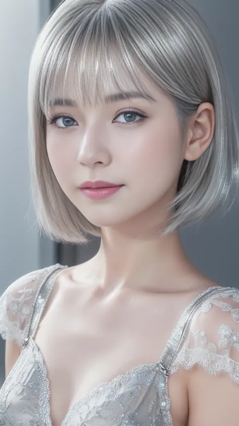 a cute ultra young japanese girl, extremely detailed face, NO makeup, beautiful eyes with long eyelashes, charming eyes, dropped eyes, small delicate nose, lovely smiling lips, (short silver hair:1.5), (porcelain white skin, wearing a lacy camisole, slende...