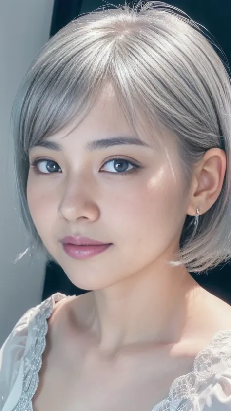 a cute ultra young japanese girl, extremely detailed face, NO makeup, beautiful eyes with long eyelashes, charming eyes, dropped eyes, small delicate nose, lovely smiling lips, (short silver hair:1.5), (porcelain white skin, wearing a lacy camisole, slende...