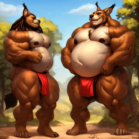 Giant Obese sumo wrestler lean lynx, femboy, male, with flat chest, big black nipples, toned, nature background, plantigrade, long wild dreadlocks, small white loincloth, african, dark skin, markings in a progression weight gain, stand scene