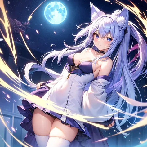 A girl in her twenties with blue-white hair, blue-purple gradient pupils, a small tail, and a fox-girl robe. girl, kimono, ponytail ,gray hair, purple eyes, magic circle, blue fire, blue flame, wallpaper, landscape, Blood, Blood splatter, Depth of the boun...