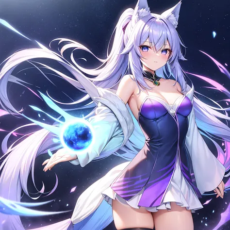 a girl in her twenties with blue-white hair, blue-purple gradient pupils, a small tail, and a fox-girl robe. girl, kimono, ponyt...