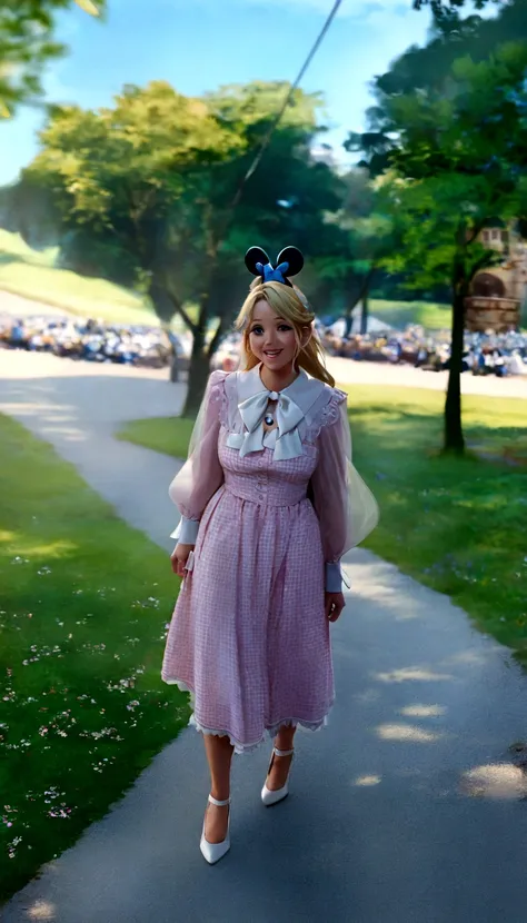  Pixar Disney 3D movie cover, (A girl with blonde hair, wearing a pink dress with a white bow at the collar and high heels, the scene is walking through a forest full of cherry trees and there is a castle in the background. That one is smiling. (Disney Pix...