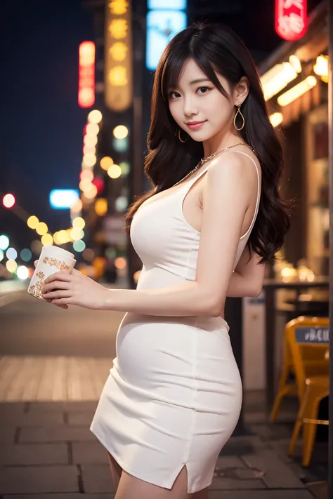 「Beautiful Japanese woman in her early 20s。Long, lightly wavy black hair style。A kind smile。She is wearing a tight white dress、A fitted top that accentuates large breasts、A tight skirt that accentuates the thighs and buttocks。Wear a thin white cardigan、She...