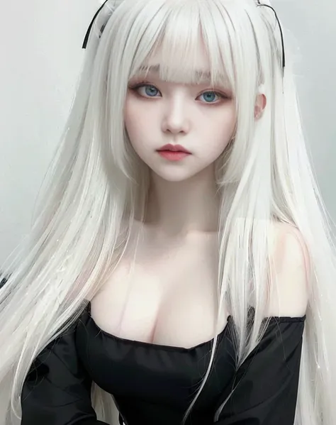 blonde-haired girl with long hair and a black dress, long white hair and bangs, white hime cut hairstyle, white bangs, Perfect white hair girl, with long white hair, cabello con white bangs, pale porcelain white skin, pale fur, cruel korean gothic girl, pa...