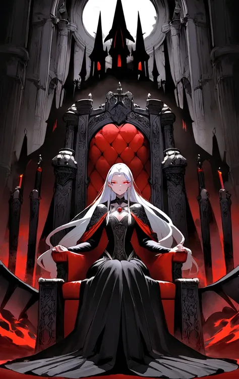 Description of the Vampire Empress, Progenitor, sitting on her throne:She is sitting on her throne in the main hall of the palace, radiating a presence that combines majesty and an aura of supernatural power. Her snow-white hair falls in soft waves over he...