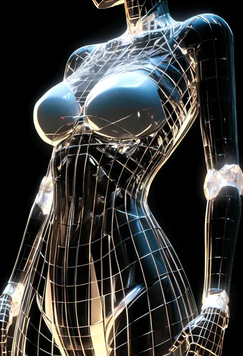 3D Glowing translucent Holographic Wireframe body, black background
