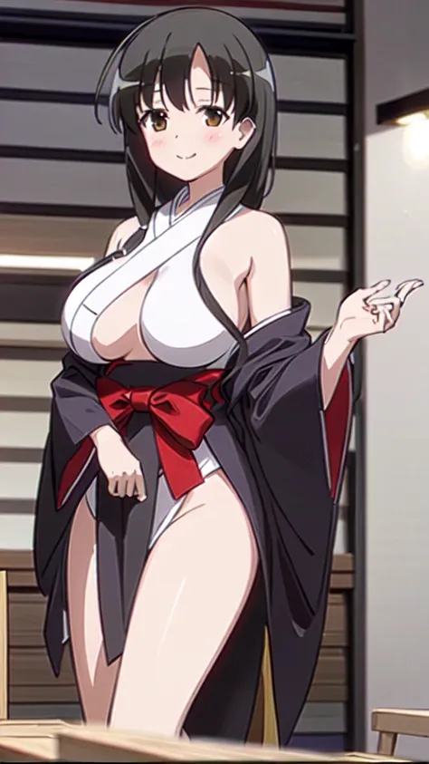 8K, RAW photo, best quality, masterpiece:1.2, Girl in Priestess Uniform, Outfit with open chest, Shoulder-exposing sleeves, Short hakama, Kasumi Iwato, smile, looking at viewer, Huge Breasts, (open clothes), (breasts out), Inside Japan house, straddling, C...