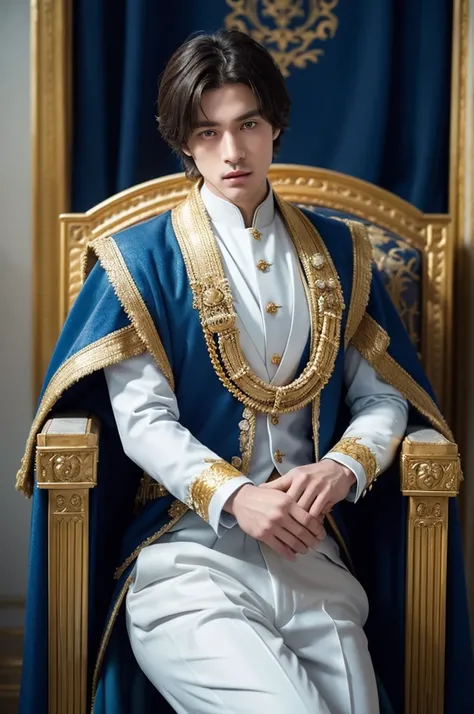 Game of throne male outfit, blue cape hanging from a single shoulder with highly detailed gold trim, blue vest with gold buttons and a white shirt, white pants. The background shows a place, a palace in the middle of snow.. imperial royal elegant clothing,...