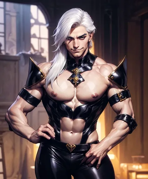 (((Luxurious shoulder-length white hair, dark complexion, and sexy smirk.))) (((18 years old.))) (((18yo.))) (((Cute smirk.))) (((Single character image.))) (((1boy))) Design a cute, handsome, male adventurer for a fantasy setting.  He is shy but a heartbr...