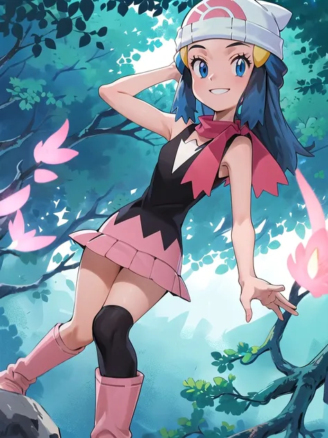 masterpiece, best quality, 1girl, dawn (pokemon), beanie, long hair, blue hair, blue eyes, black sleeveless shirt, pink scarf, pink skirt, pink boots, smile, looking at viewer, forest background