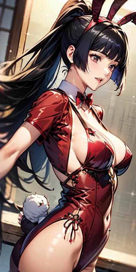 （（Highest quality，，The masterpiece：1.3））， Sharp focus：1.2，Cute woman with perfect figure：1.4，（（（（（large cleavage））），（Ridiculous big breasts：1.5），straight hair、hair blowing in the wind（Big hips），smile，Thin belly：1.2，((black hair:1.4, princess cut))，Highly d...