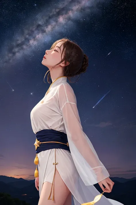 night, stars, Tanabata, Milky Way, one girl looking up at the sky, unpopular, quiet, beautiful stars, gentle breeze, girl standing, hands folded behind her back, wishes, girl is far away, ✨, ⭐, 🌌, 🪄, 🌠, 🎋night, stars, Tanabata, Milky Way, one girl looking ...