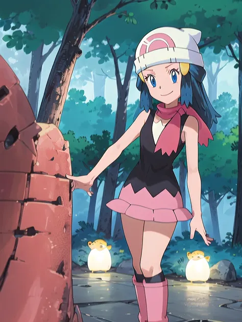 masterpiece, best quality, 1girl, dawn \(pokemon\), beanie, long hair, blue hair, blue eyes, black sleeveless shirt, pink scarf,...