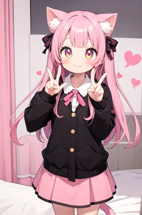 1girl,cat girl,animal ears,tail,looking at viewer,smile,peace sign,pink kawaii room,heart item,ribbon,standing,upper body,