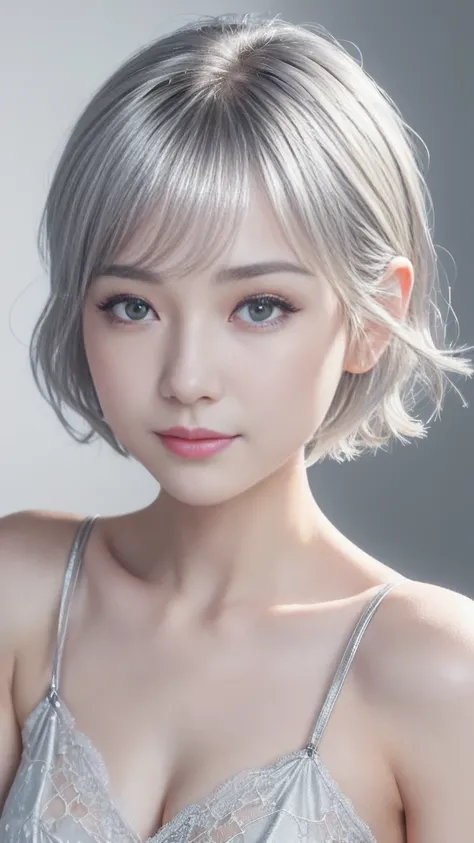 (a cute ultra young japanese girl:1.25), extremely detailed face, NO makeup, beautiful eyes with long eyelashes, charming eyes, dropped eyes, small delicate nose, lovely smiling lips, (short silver hair:1.5), (porcelain white skin, wearing a lacy camisole,...