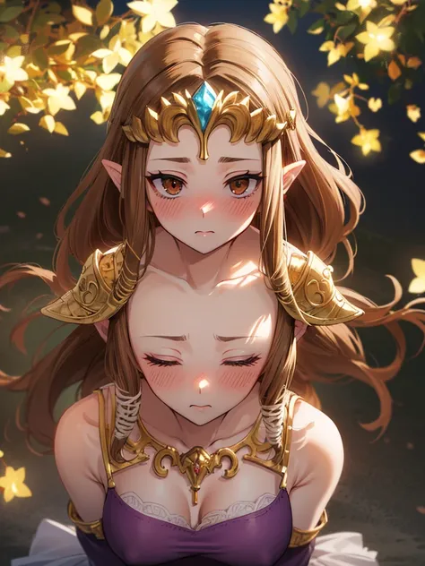 ((((Very beautiful mature woman)))),((surprised),((Scared)),((　Close one eye)),((((Exposed shoulders)))),(((look up))),,(((Golden hair ornament)),,(((Long Hair)))),((Big Breasts)),((((Exposed shoulders)))),((Front Face)),Princess Zelda, ((Highest quality))...