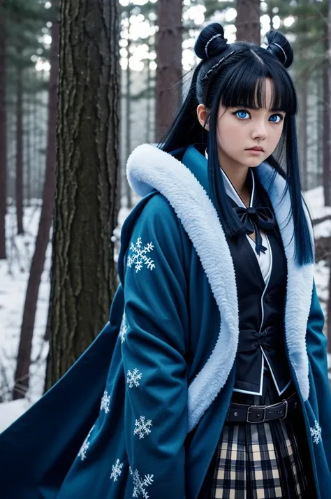 Kimetsu no yaiba hunter girl with the hunters uniform and a robe with blue assimilating ice flakes, slightly light black hair with a white streak, very low blue eyes with a serious face, in a forest at night