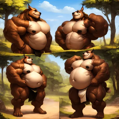 Giant Obese sumo wrestler lean lynx, femboy, male, with flat chest, big black nipples, toned, nature background, plantigrade, long wild dreadlocks, small white loincloth, african, dark skin, markings in a progression weight gain, stand scene