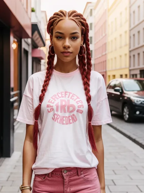 Beautiful woman with red braids, pink T-shirt, jeans, white sneakers.