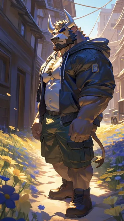 (masterpiece:1.2), best quality,pixiv,official art,perfect anatomy, (Ray tracing, light),solo, (1_male:1.3) , (muscle), (brown fur:1.4), (muscle bulls, bull), (beard:1.2), (gleaming golden eyes), Thick eyebrows, open hoodie,cargo shorts ,Brown boots, portr...