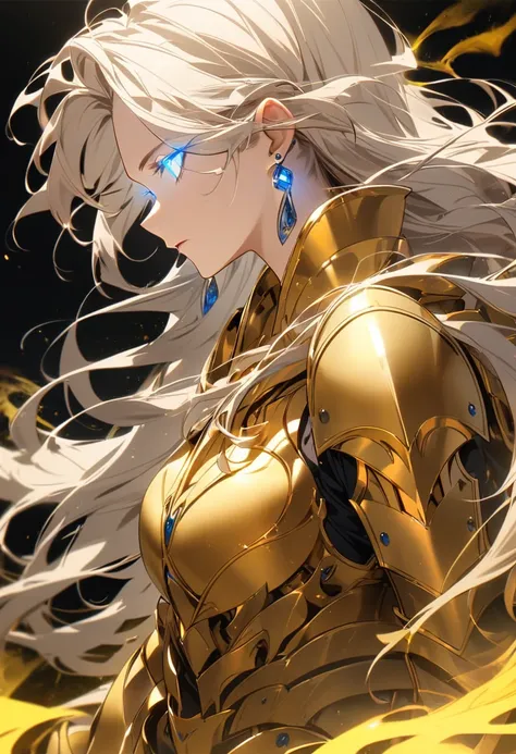 woman, god, god eyes, blue eyes, glowing eyes, yellow aura, golden armor, windy hair, long hair, white hair, god mature, god eyes, side view, earings
