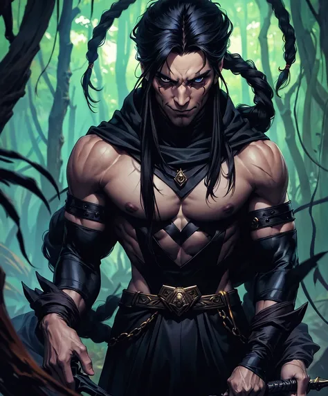 (((Luxurious shoulder-length black hair in dreadlocks, dark complexion, and sexy smirk.))) (((18 years old.))) (((18yo.))) (((Cute smirk.))) (((Single character image.))) (((1boy))) In this captivating artwork, delve into the depths of treachery and deceit...