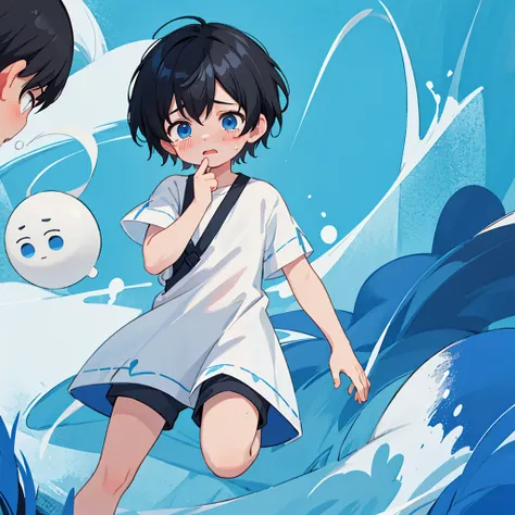 a black haired boy, blue eyes, parts,  round face of short-sleeved white olayera dress and shorts less than the knee.

is crying while a man (that only your hands appear in the image) holds his face while the child cries because a while ago they did someth...