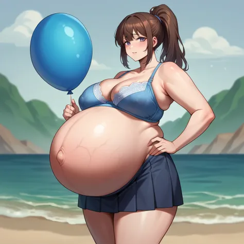 Ponytail, brown hair,Big Baby Bump pregnant,blue bra and skirt l, Big , nipple, cum,16 years girl, Big pregnant Belly, Big Pregnant girl, Largest Belly of Pregnant, Huge Pregnancy Belly, purple eyes, huge 9 months Pregnancy Belly, background beach, big blu...