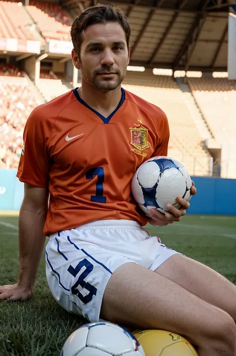 Make a photo of a 36 year old man with close-cropped hair sitting on the field wearing a Spanish jersey and holding a ball, original and real photos