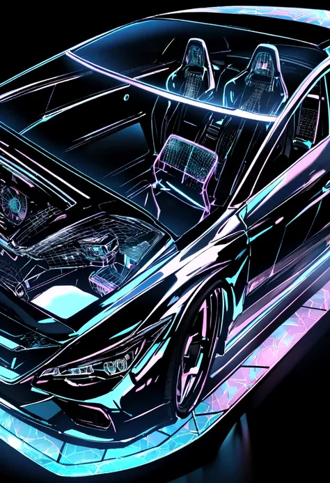 glowing translucent holographic wireframe of a car, black background
