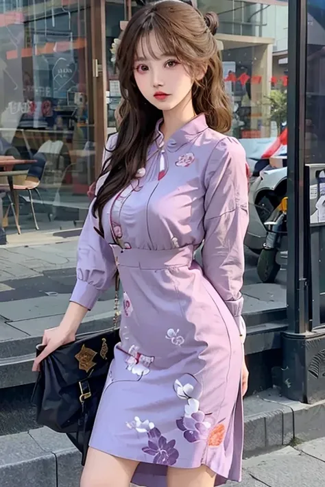 A beauty young Asian nwoman with long dark hairand bun ,big breast,sexy , wearing and light purple floral print dress, standing in front of a building with blue windows ultra HD 