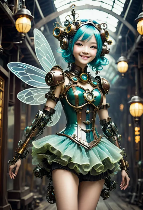 steampunkai。One Girl。Mechanical fairy。(smile)。(Close ~ eyes)。Floating in the air。Full body portrait。