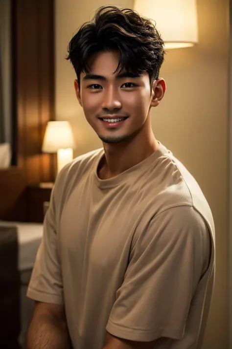 (Masterpiece), (Young refreshing man, Black short hair, smile), Hotel room, Warm, subdued lighting,