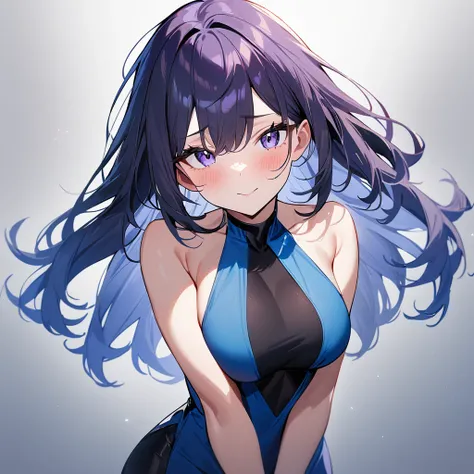 1 girl,Solo,long and shot hair,masterpiece, best quality, very aesthetic, absurdres,arms,face,hands,purple and blue,two tone color,v_arms,breasts