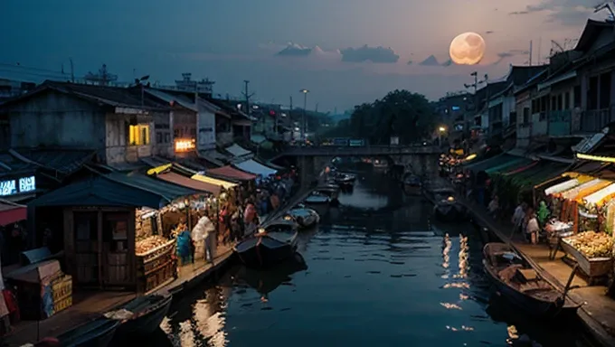 ultra realistic, no pople, vietnam, market, night, big moon, port background