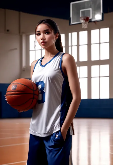 a cute woman in a flattering basketball outfit, playing basketball in an empty gymnasium, detailed face and body, realistic, high quality, 8k, photorealistic, professional lighting, dynamic pose, athletic, sporty, fit, healthy, glowing skin, beautiful eyes...