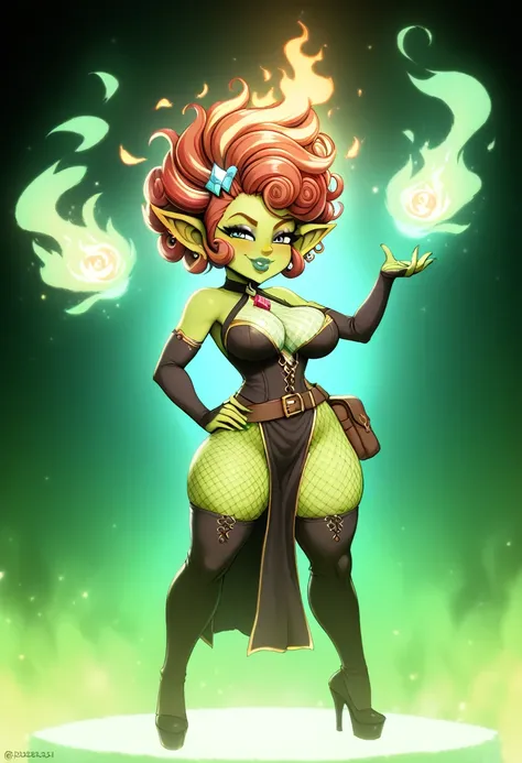 Girl, goblin girl, goblin, green skin, short, short stature, short hair, red hair, curly hair, large breasts, long gloves, thigh boots, pouty lips, masterpiece, best quality, sexy, dynamic pose, 8k, shortstack, sfw, shiny, fantasy, dungeons and dragons, hi...