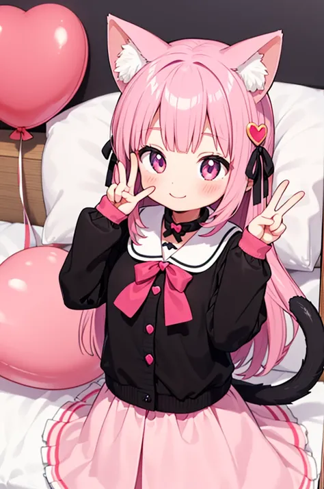 
Character:
Girl (human)
Cat ears (animal feature)
Tail (animal feature)
Smiling expression
Making a peace sign with fingers
Ribbon (accessory)
Environment:
Pink kawaii room
Details:
Upper body only (no legs shown)
Holding a heart-shaped item (optional: sp...