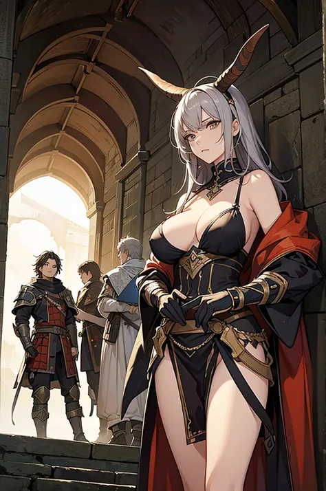 best quality, official art, masterpiece, textile shading, HDR, very detailed, colorful, best details, fantasy, battle armor,1 human female, 25 years old, 3 boys bandits, Multiple horny bandits,Anxious and frightened expression, standing on stairs,Inside th...