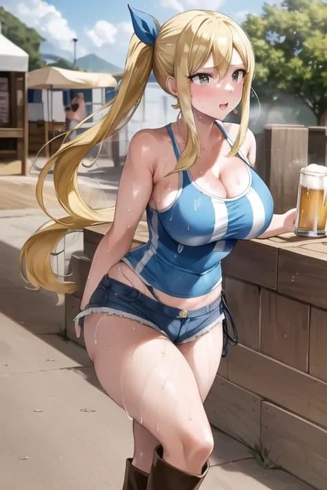 masterpiece, Highest quality, High resolution, Lucy Heartfilia, Blonde, Long Hair, Side Ponytail, Blue Ribbon, Large Breasts, Earrings, High Boots, Tight tank top, Short hot pants, denim shorts, town, Market stall, Outdoor, walking, Beer mug, Several men, ...