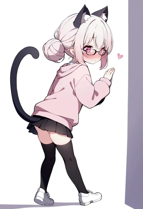 I have white pink hair, cat ears, a bun, my face is super blushing, black glasses, pink heart eyes, a big pink sweatshirt, a black skirt, black stockings, white shoes, a cat&#39;s tail, a girl. very shy that she is glued to a wall with her butt