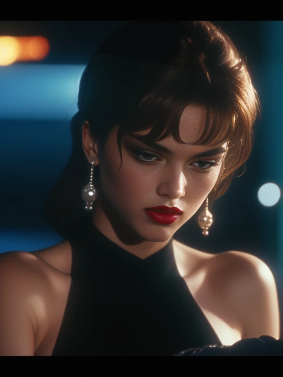 Masterpiece, best quality, ultra detailed, 8k, !(arafed woman  4nn4n1c0l3-v2  in a black dress with a red lipstick and pearls, pretty woman, movie screen shot,  movie still, screenshot from the 1983 film, movie scene close up, from a movie scene, 1995 movi...