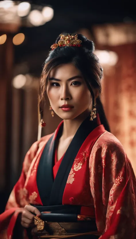 a samurai swordsman, a young japanese woman in underwear, highly detailed face, intricate details, elegant japanese kimono, dramatic lighting, cinematic composition, colorful vibrant colors, beautiful detailed eyes, beautiful detailed lips, extremely detai...