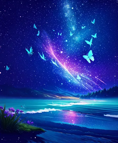 cute girl characters、iridescent grass々drawing a butterfly flying over the water, looking up at the starry sky. surround her with...