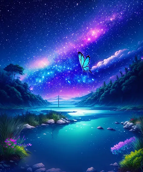 cute girl characters、iridescent grass々drawing a butterfly flying over the water, looking up at the starry sky. surround her with...