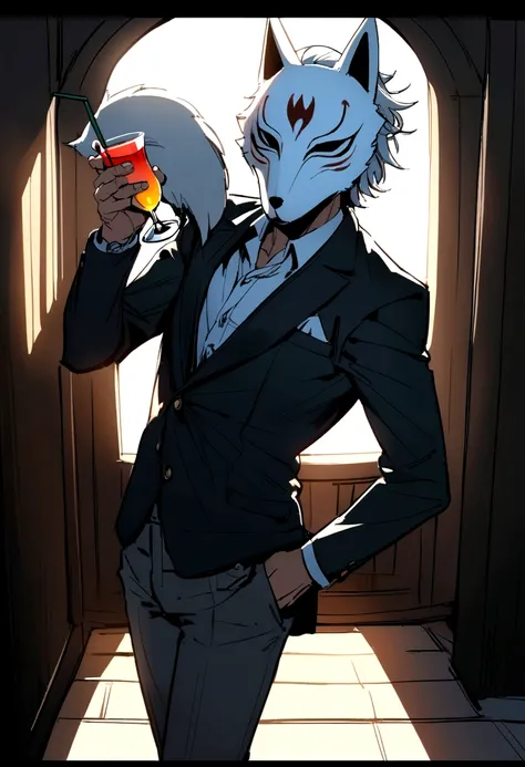 Man wearing a white wolf mask, holding a cocktail and posing