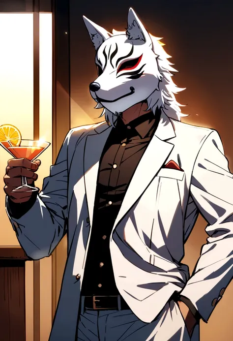 Man wearing a white wolf mask, holding a cocktail and posing