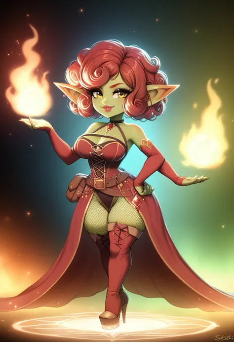 Girl, goblin girl, goblin, green skin, short, short stature, short hair, red hair, curly hair, large breasts, long gloves, thigh boots, pouty lips, masterpiece, best quality, sexy, dynamic pose, 8k, shortstack, sfw, shiny, fantasy, dungeons and dragons, hi...