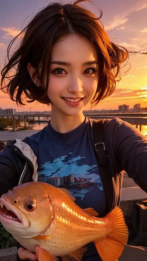 1 punk girl, fish eye, self-shot, wind, hair messy, sunset, cityscape, (aesthetics and atmosphere:1.2),smiling、hyper-realistic、m...